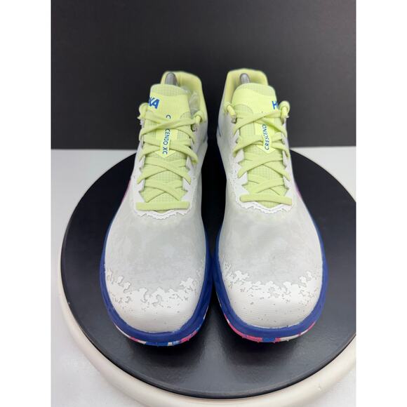 Hoka One One White Athletic Shoe with Blue and Neon Yellow Accents main image 9